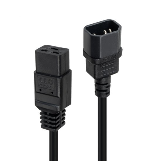3m C14 to C19 Mains Extension Cable, Black